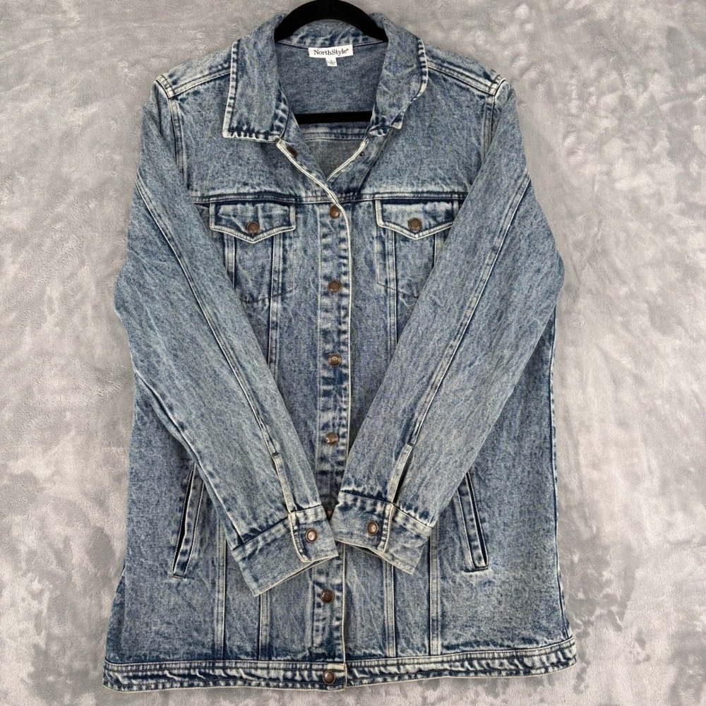 NorthStyle Acid Stone Wash Denim Trucker Jacket Button Front Pockets Women LARGE